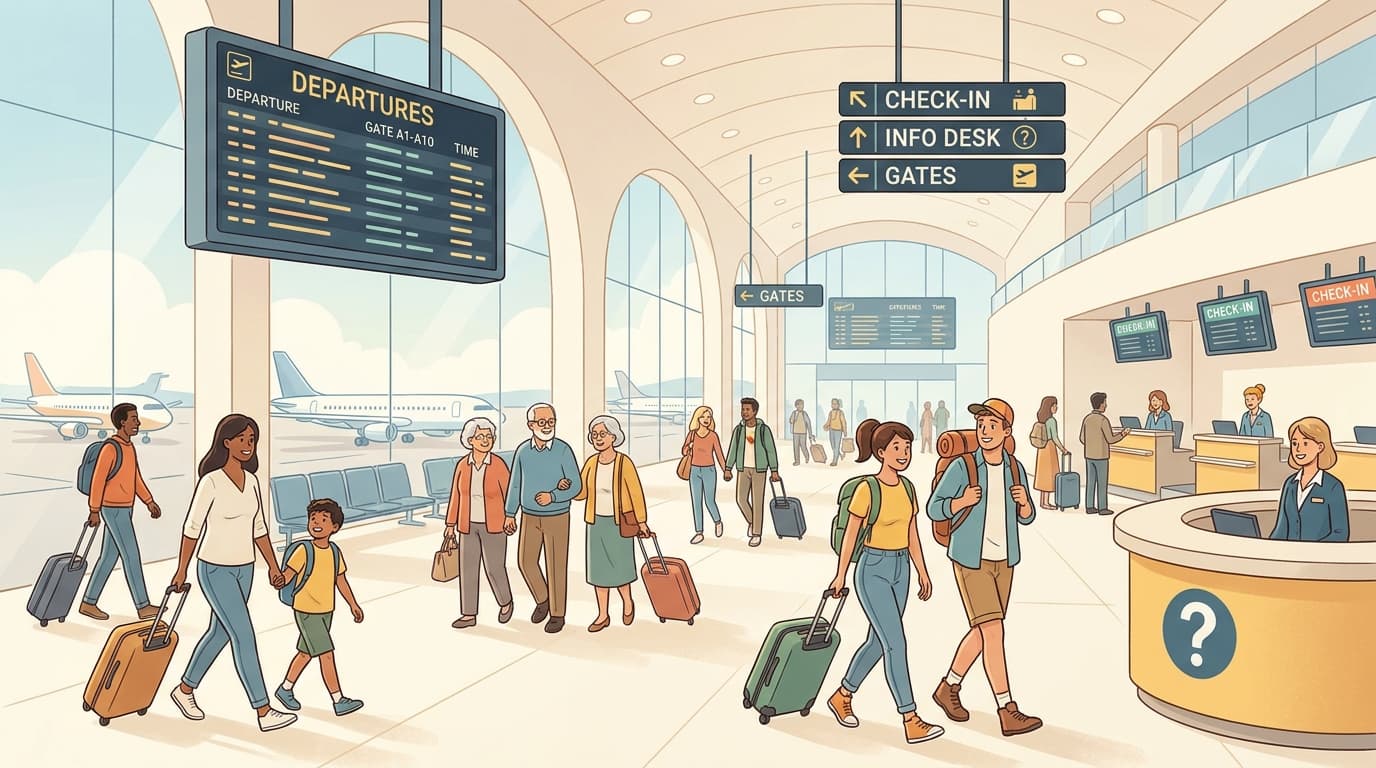 Diverse travelers with luggage walking through a bright, modern airport terminal with departure signs