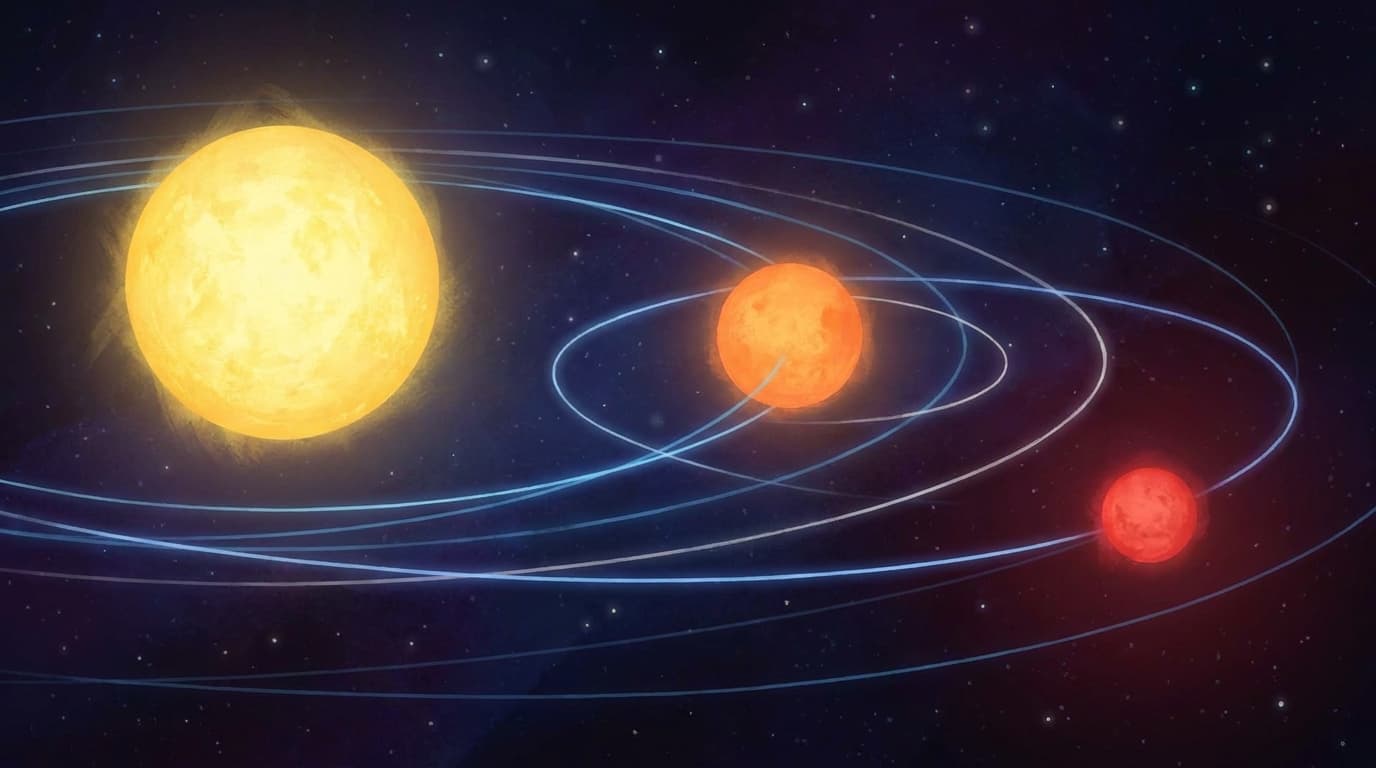 A triple star system with three distinct stars—one yellow, one orange, one red—orbiting in space with distant background stars.