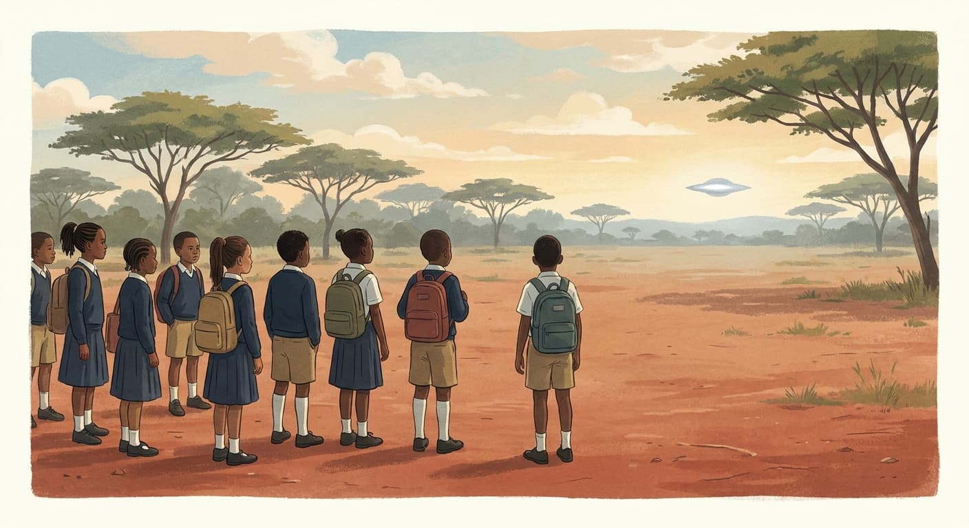 Editorial illustration of children at a Zimbabwe schoolyard looking toward a silver craft in the distance