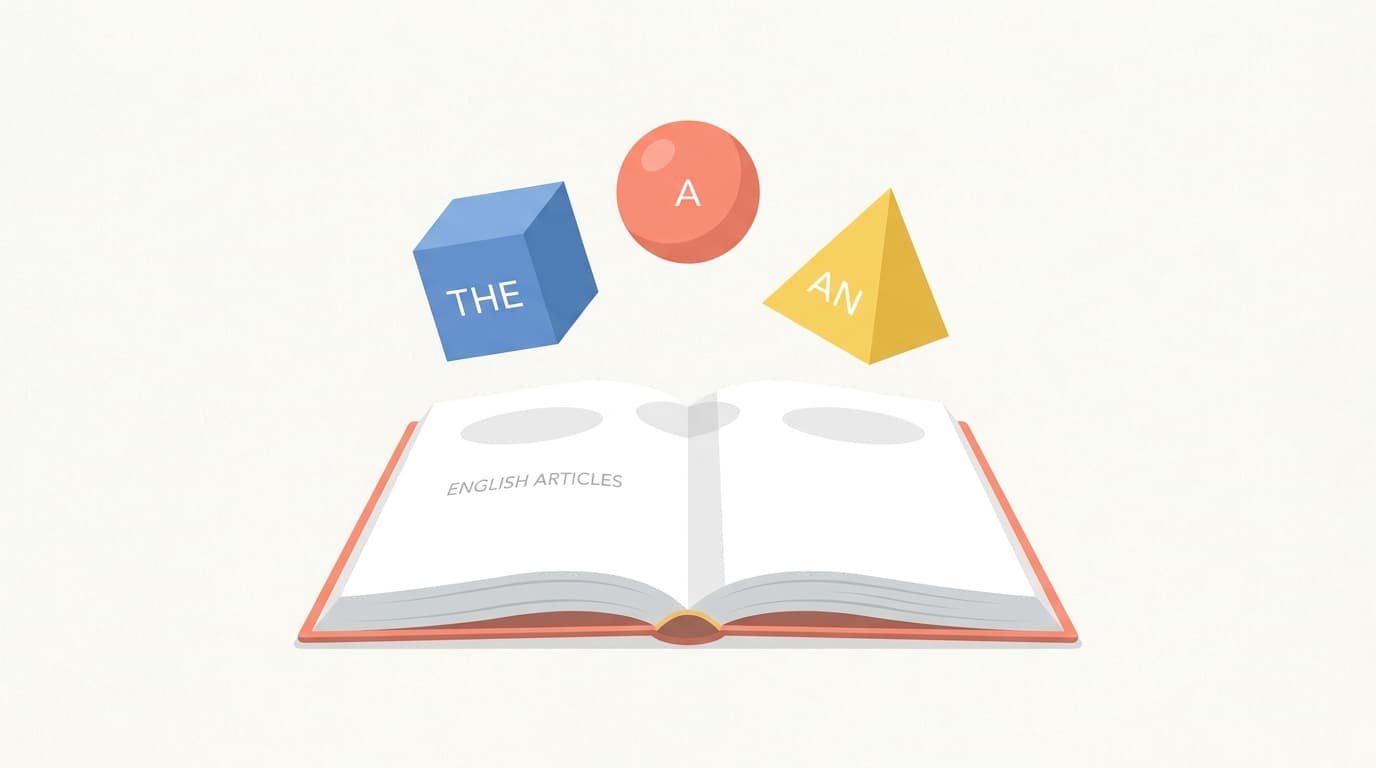 Colorful blocks showing English articles A, An, The above an open grammar textbook