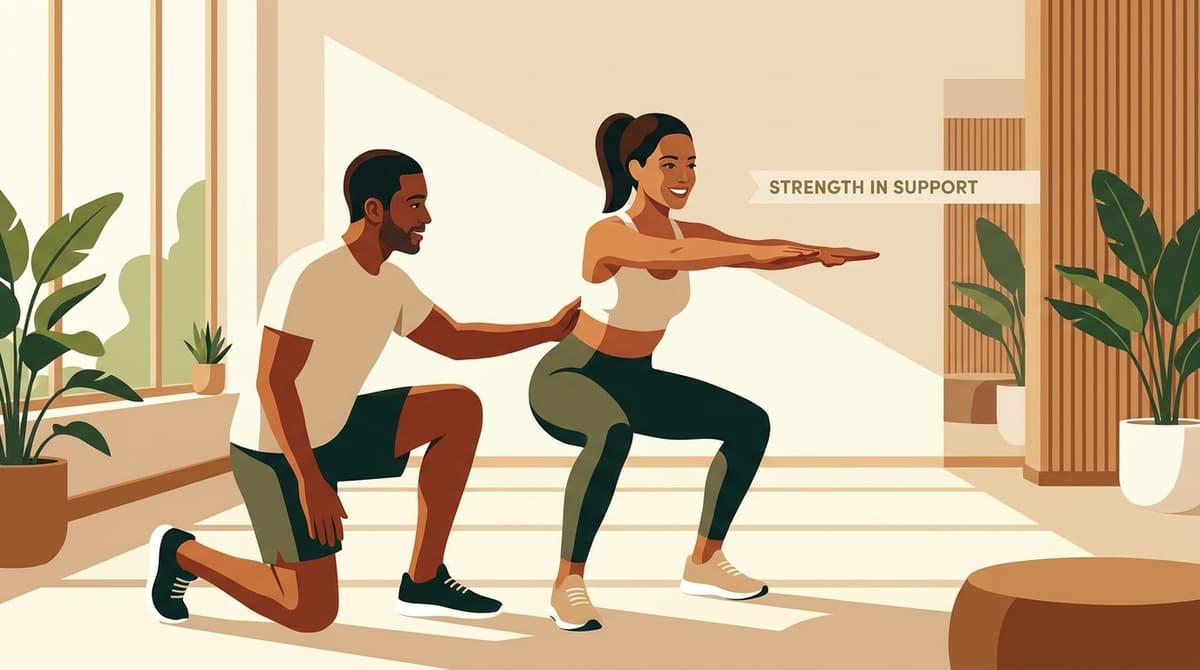Two friends in a gym, one teaching the other proper weight-lifting form with encouraging body language.