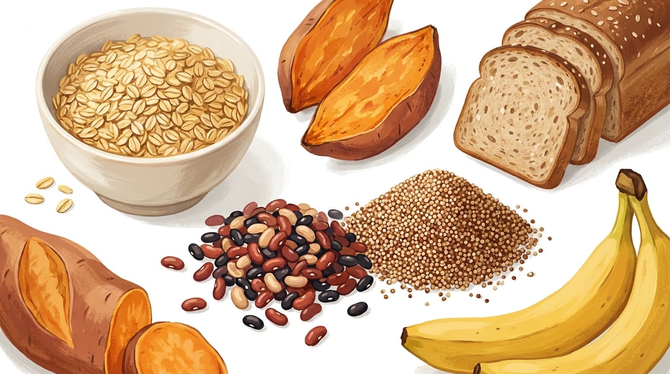 Colorful arrangement of healthy carbohydrate foods including oats, quinoa, sweet potatoes, and beans