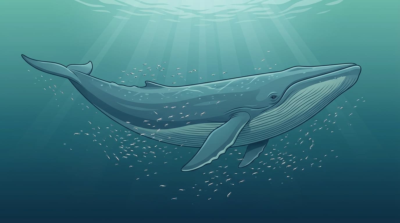 Illustration of a blue whale swimming underwater with small krill around it