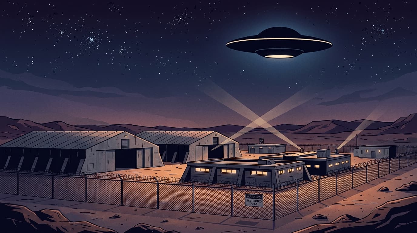 Illustration of a mysterious desert military base with a UFO hovering above under starry night sky