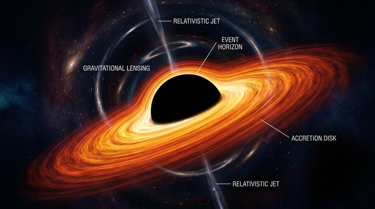 A swirling accretion disk of glowing gas spiraling into an invisible black hole surrounded by distorted starlight.