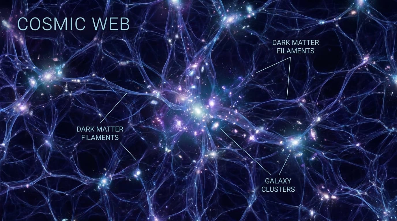 An illustration showing the cosmic web of dark matter in blue connecting galaxies in purple across empty space.