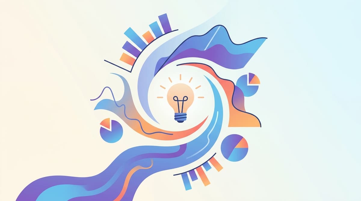 Abstract illustration showing colorful data charts, graphs, and patterns flowing into insights