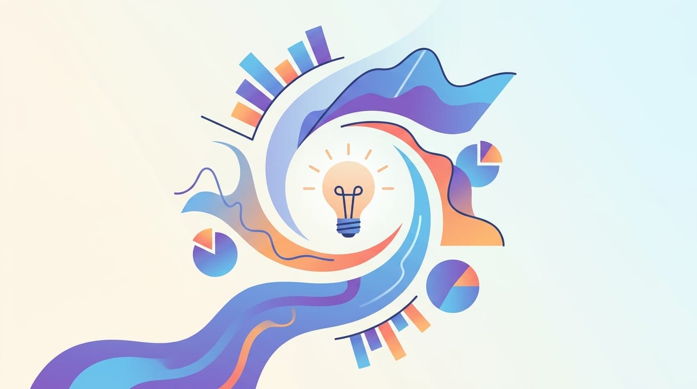 Abstract illustration showing colorful data charts, graphs, and patterns flowing into insights