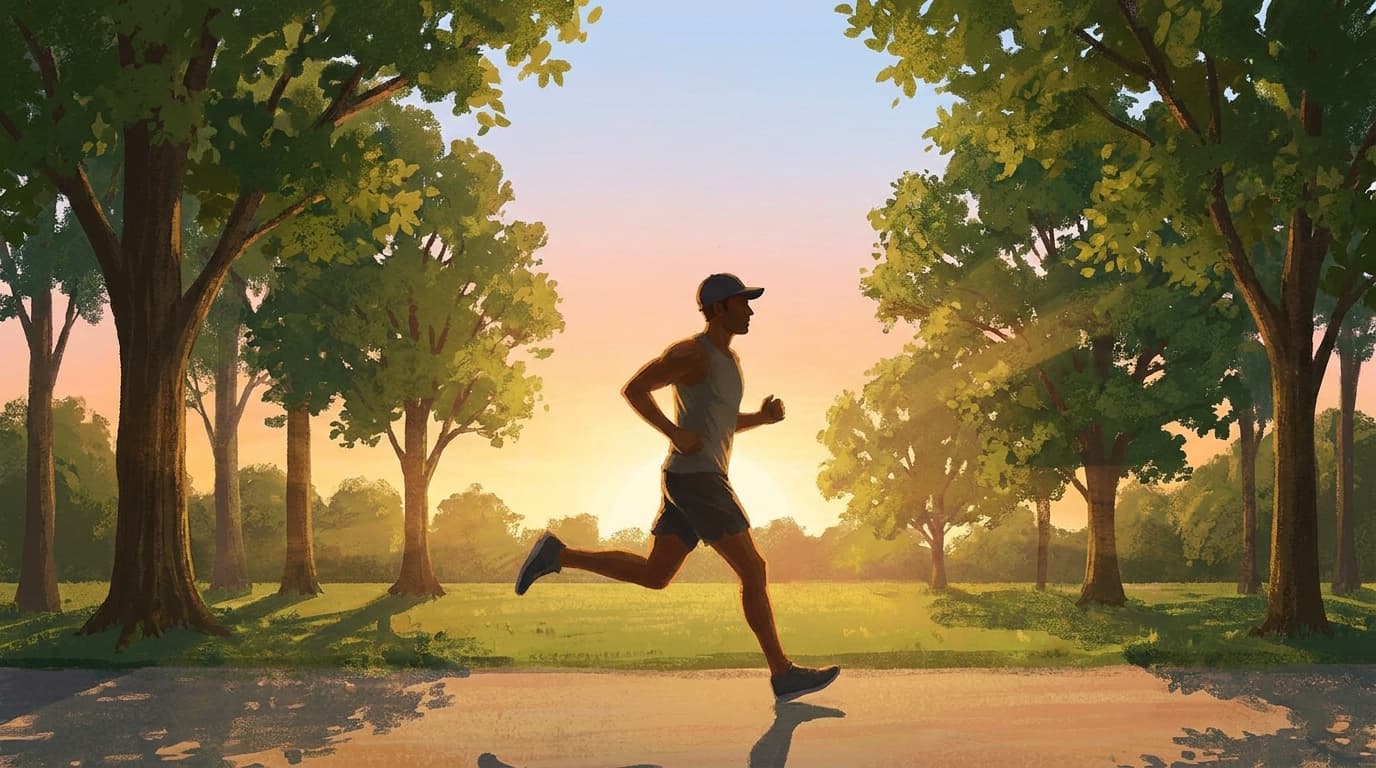 A man jogging outdoors at sunrise with trees and a clear sky in the background.