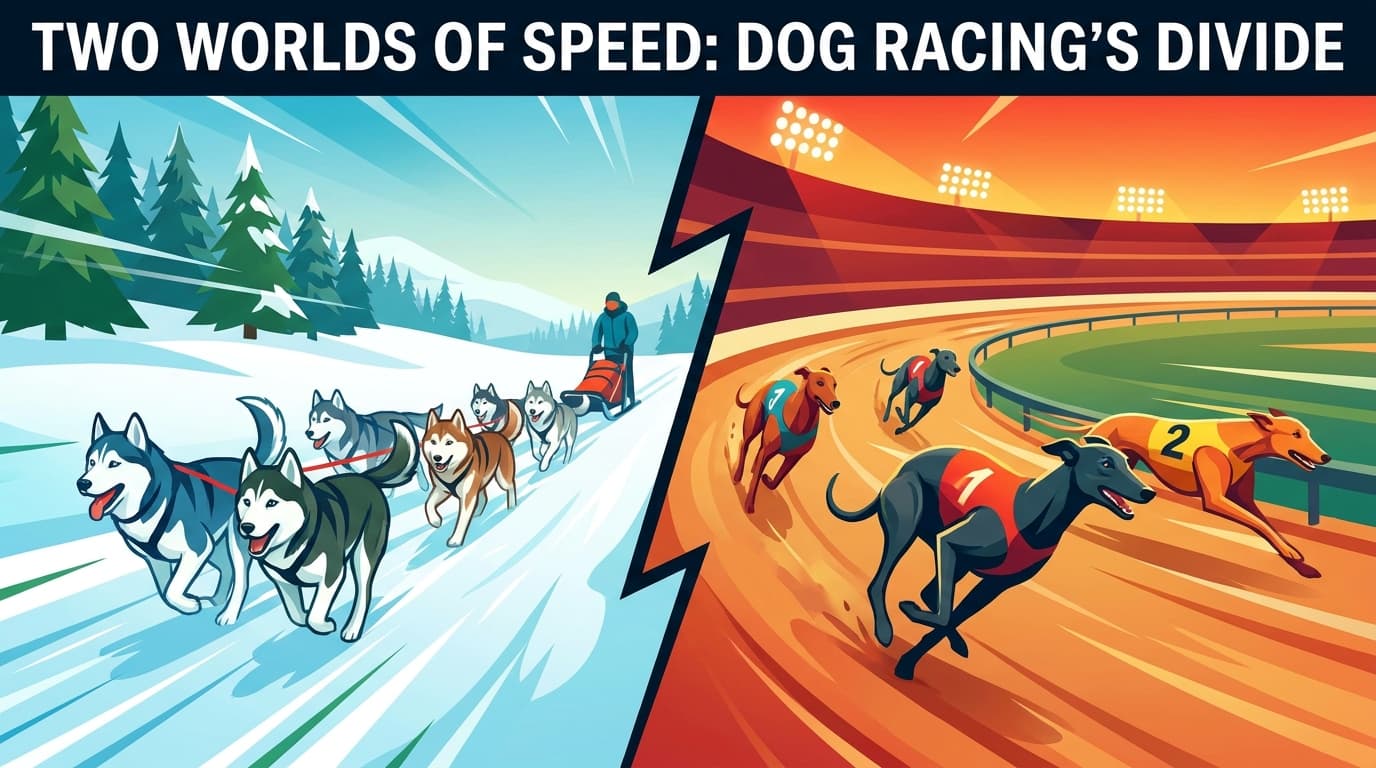 Split illustration showing sled dogs racing through snow and greyhounds racing on a track