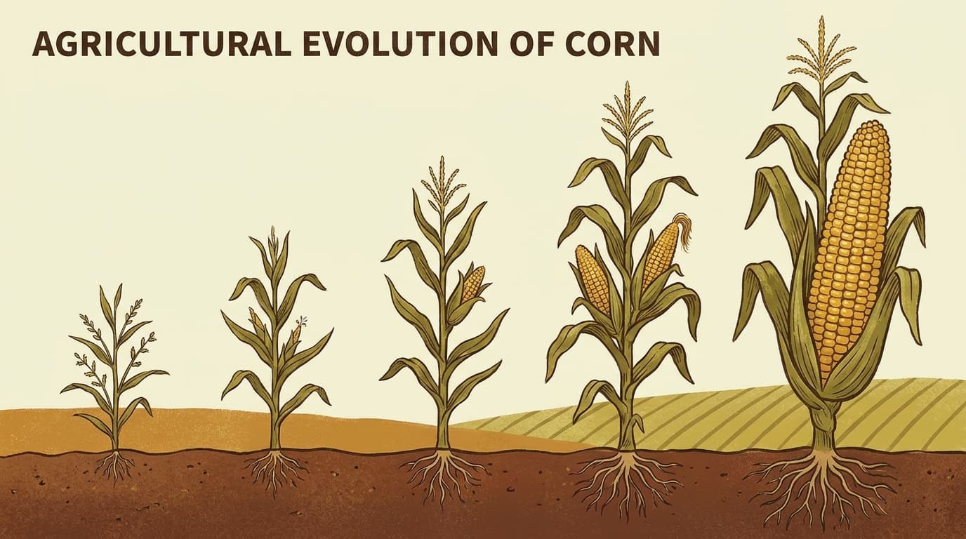 Illustration showing the evolution of corn from wild teosinte grass to modern corn cobs