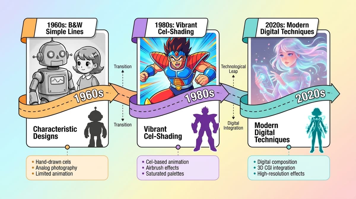 Collage of anime art styles spanning decades, from early hand-drawn frames to modern digital animation