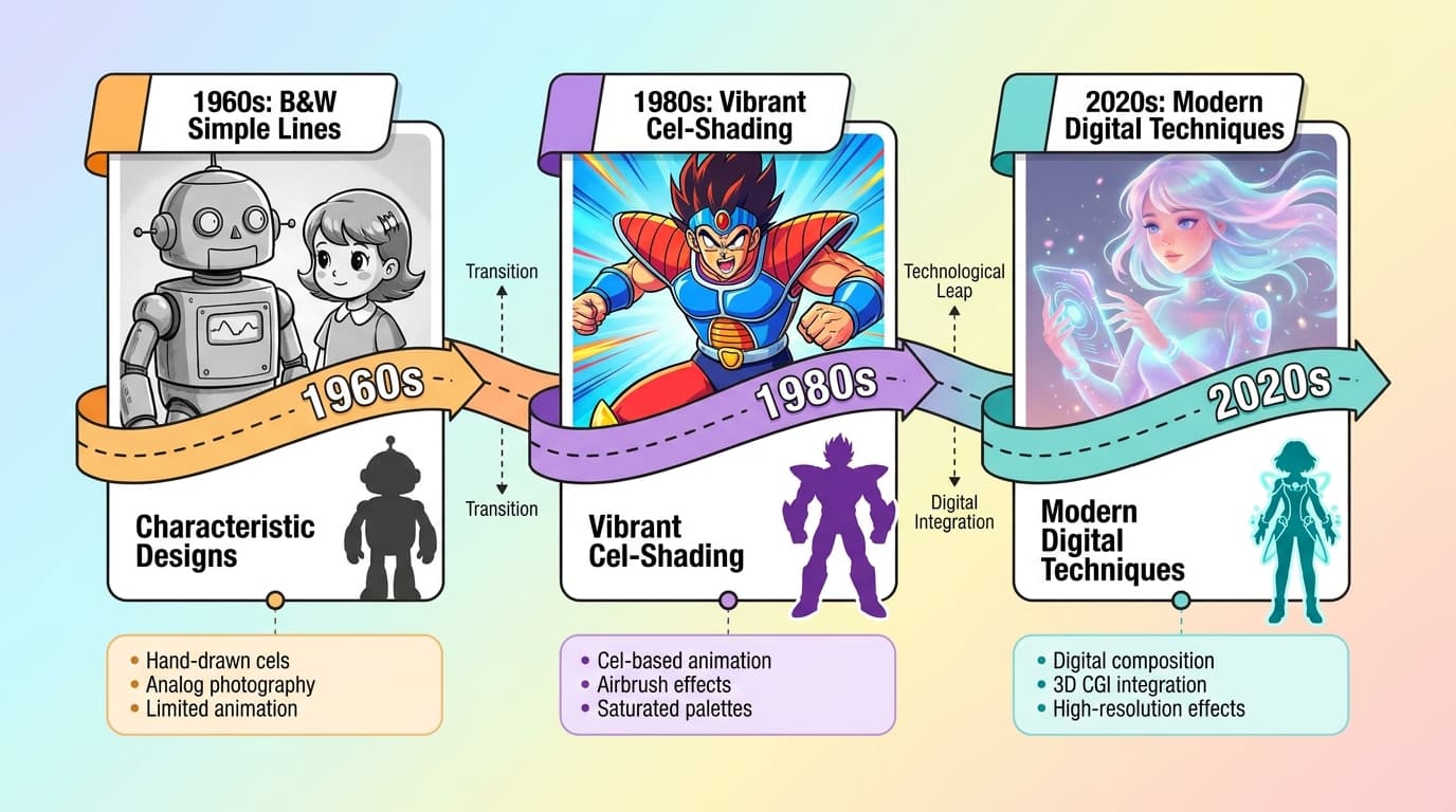 Collage of anime art styles spanning decades, from early hand-drawn frames to modern digital animation