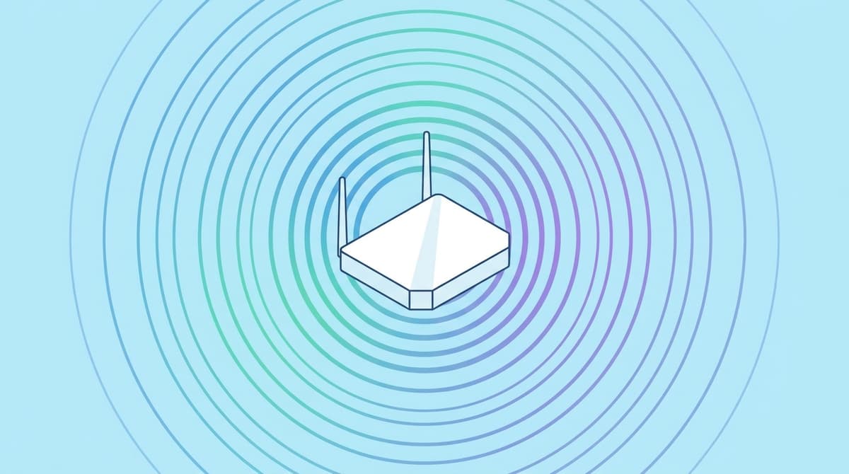Colorful radio waves radiating outward from a Wi-Fi router symbol against a light blue background.