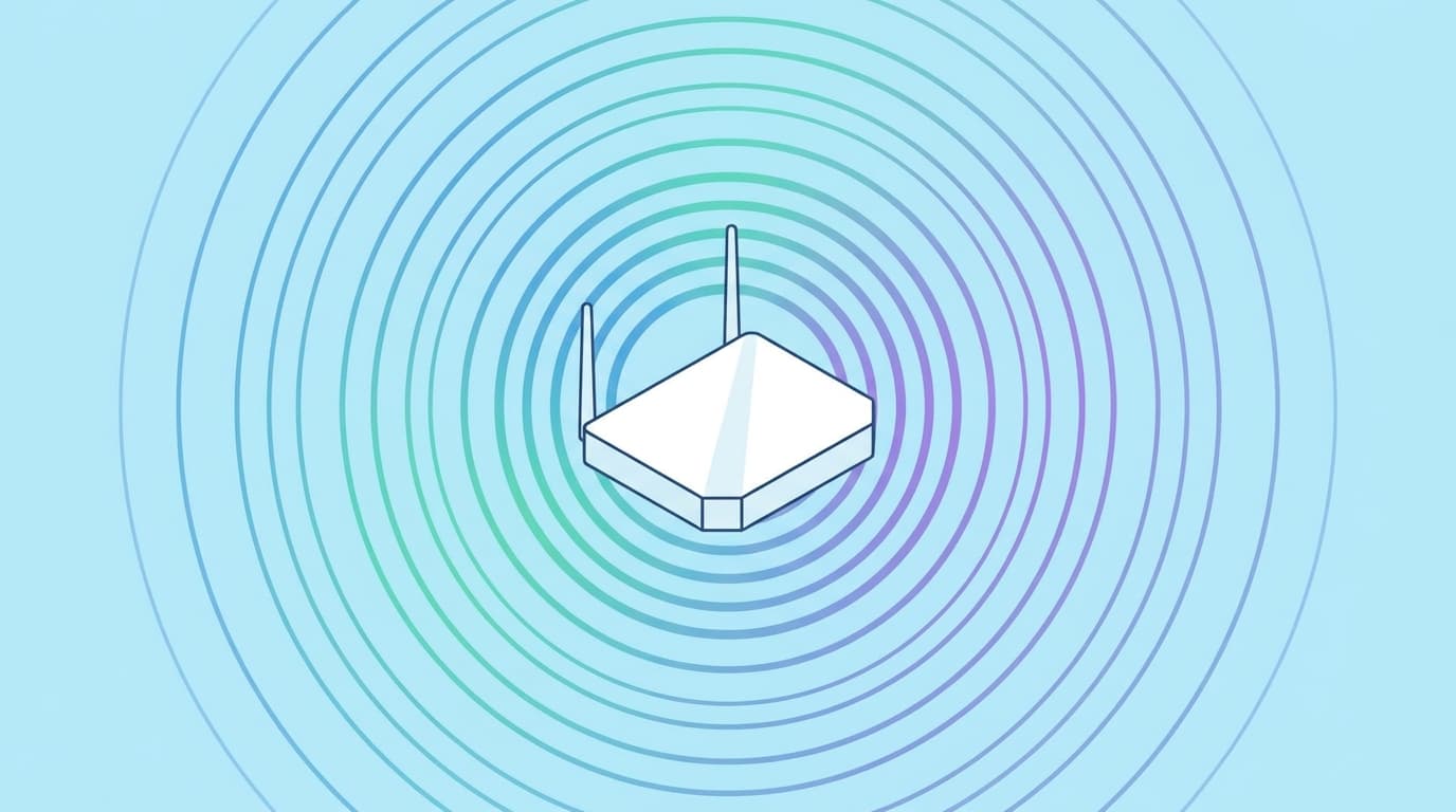Colorful radio waves radiating outward from a Wi-Fi router symbol against a light blue background.