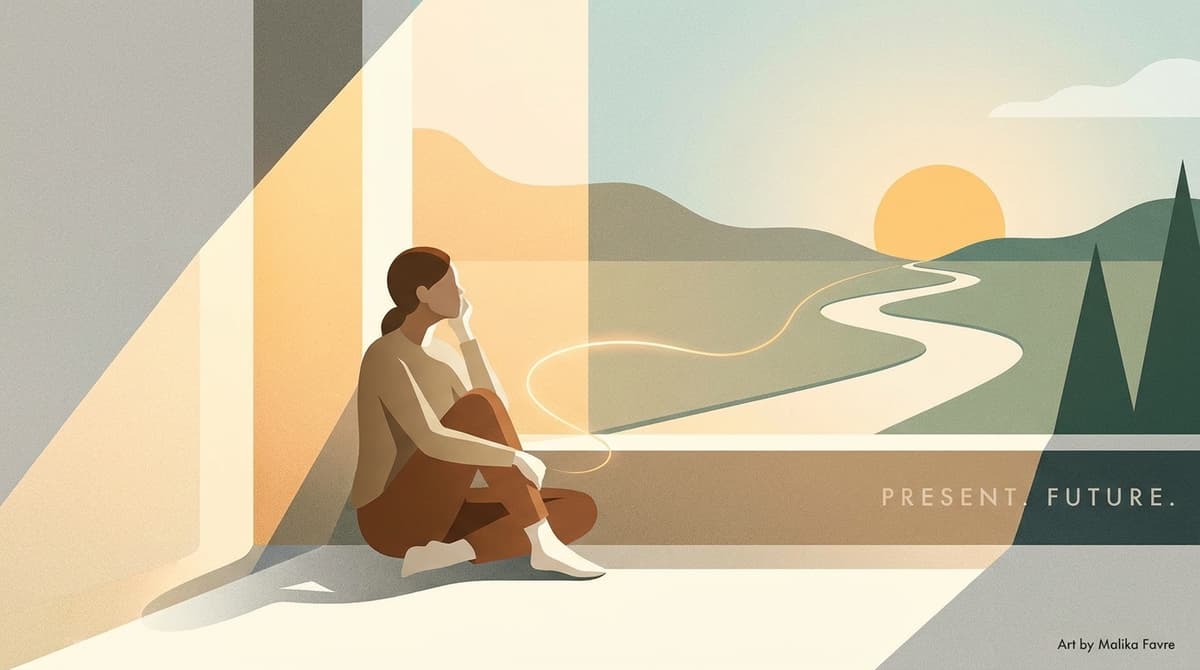 A figure looking thoughtfully toward a bright horizon, representing connection between present and future self.