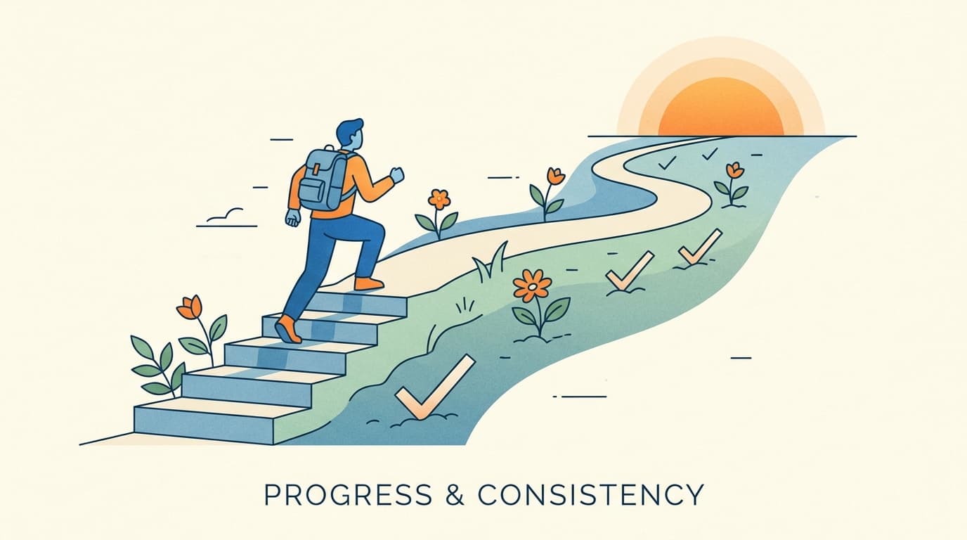 Person climbing ascending steps with plants growing along the path symbolizing disciplined growth