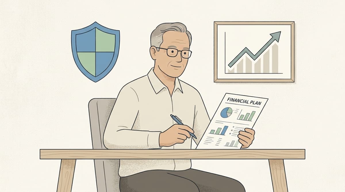 A person reviewing financial documents at a desk, surrounded by charts and planning tools.