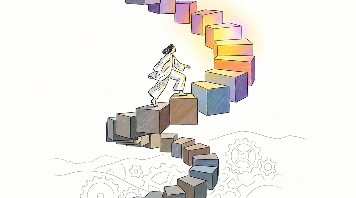 Person climbing colorful geometric steps representing habit-building progress and personal growth