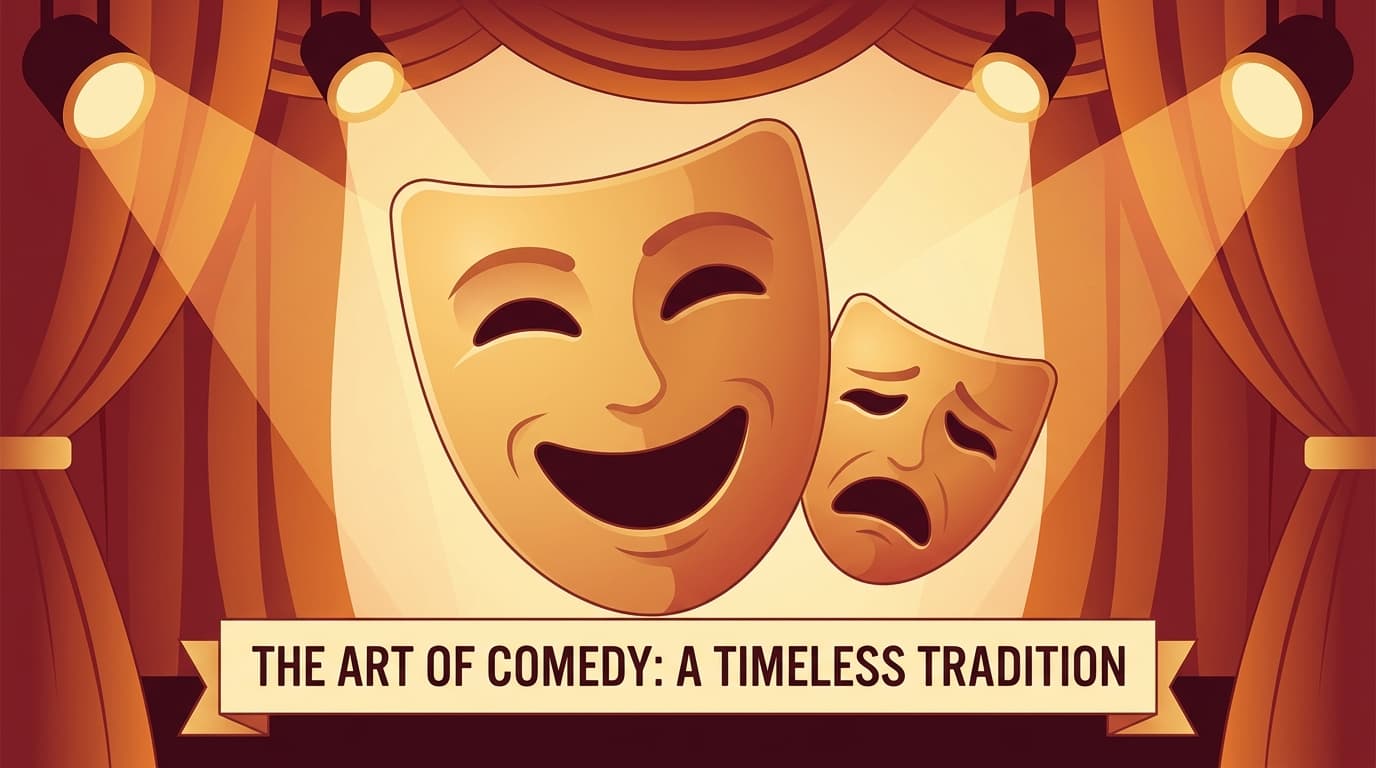 Illustrated theater masks showing comedy and tragedy against a warm gradient background