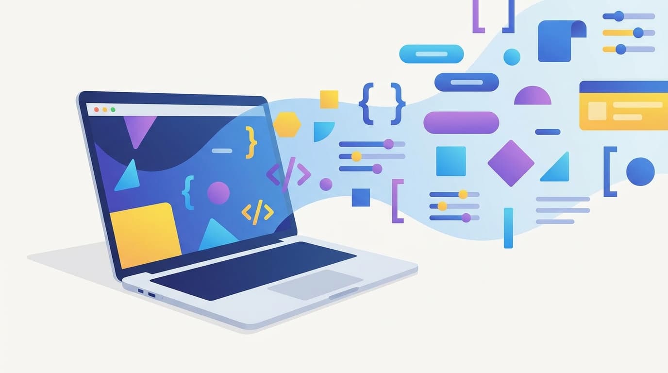 Illustrated laptop with colorful code symbols and interactive elements floating from the screen