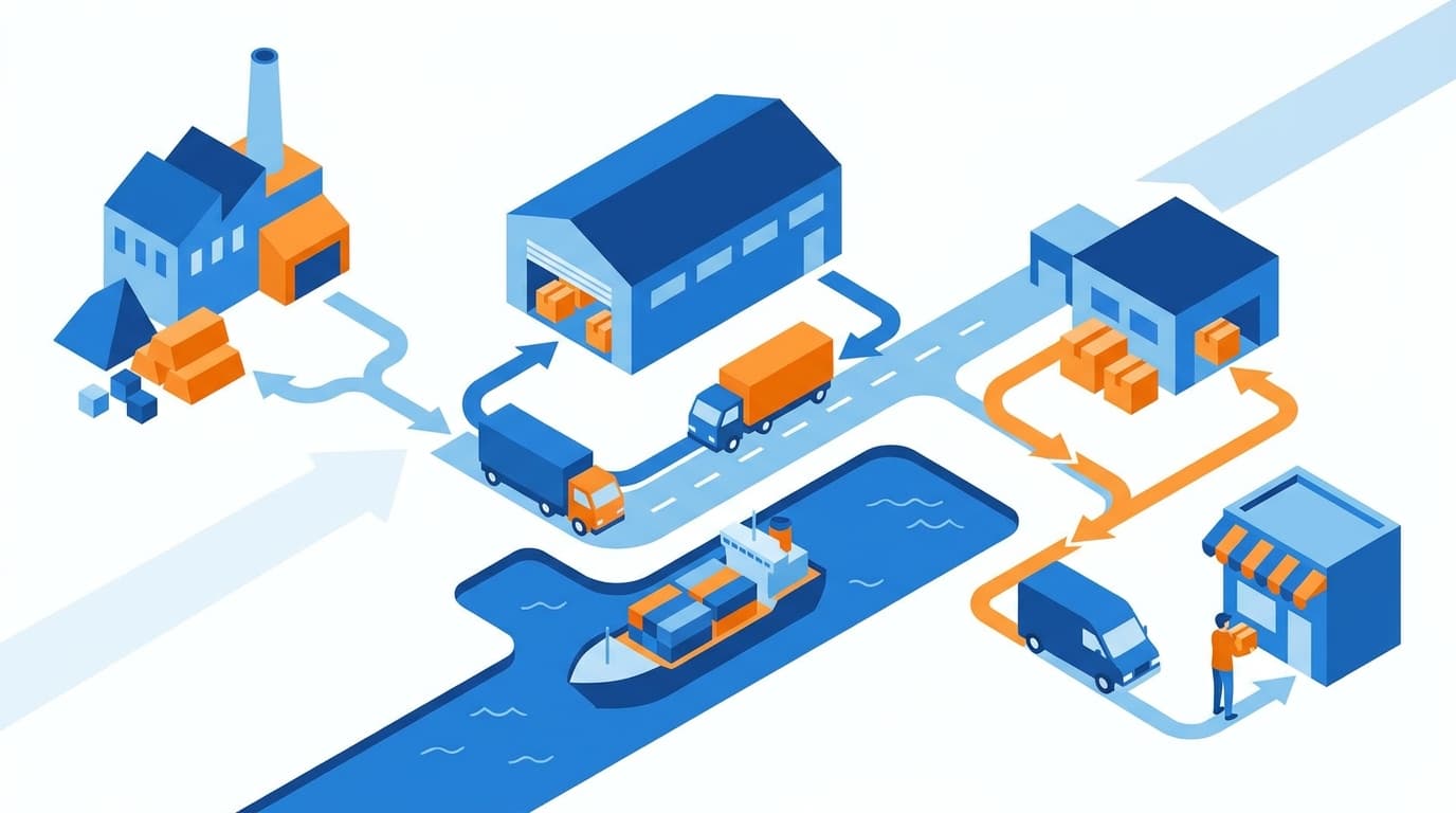 Illustrated supply chain showing progression from factory through warehouses and trucks to delivery
