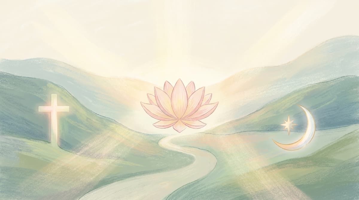 A serene illustration showing diverse spiritual and religious symbols merging peacefully.