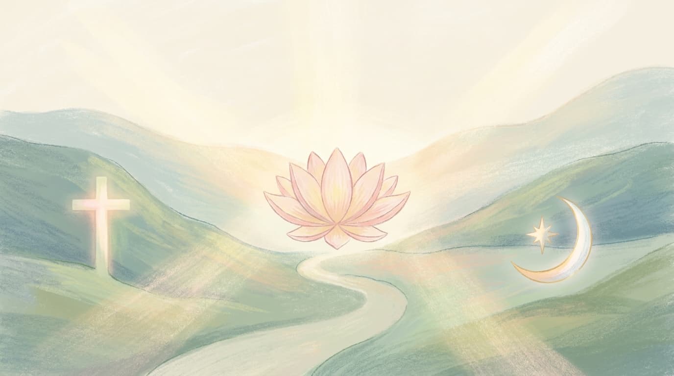 A serene illustration showing diverse spiritual and religious symbols merging peacefully.