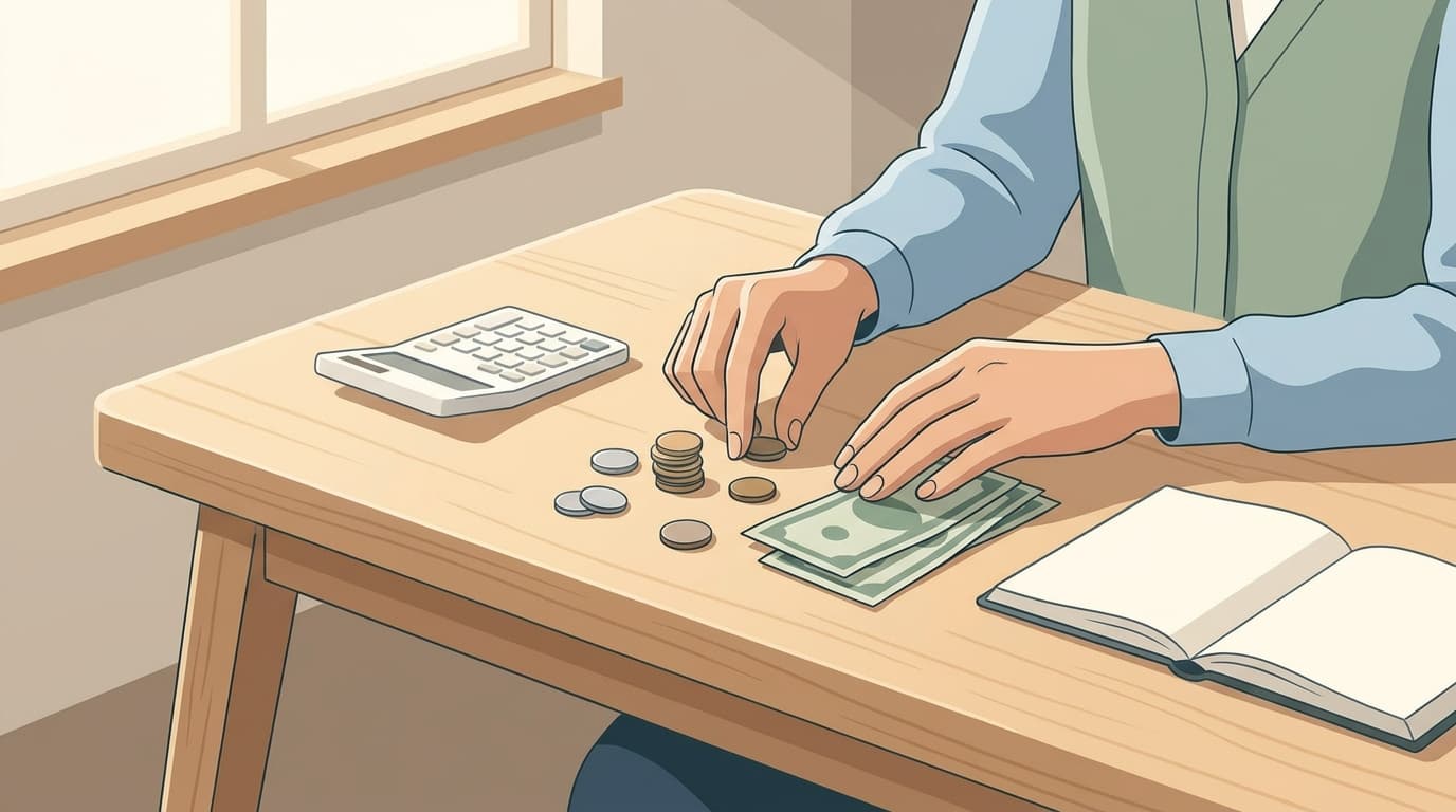 Hands arranging coins and paper money on a clean desk with a calculator and notebook