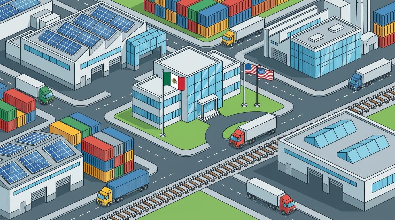 Industrial corridor showing modern factory facilities near the US-Mexico border with shipping containers