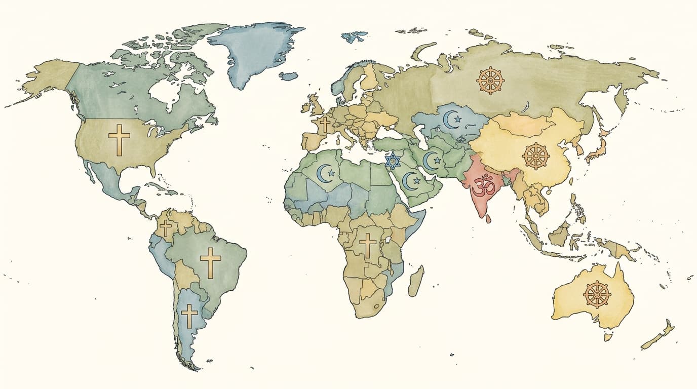 Illustrated world map showing symbols of major world religions including a cross, crescent, Om symbol, and Buddha