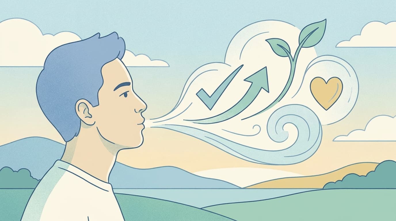 A person exhales vapor with determination, with icons of health and growth surrounding them.