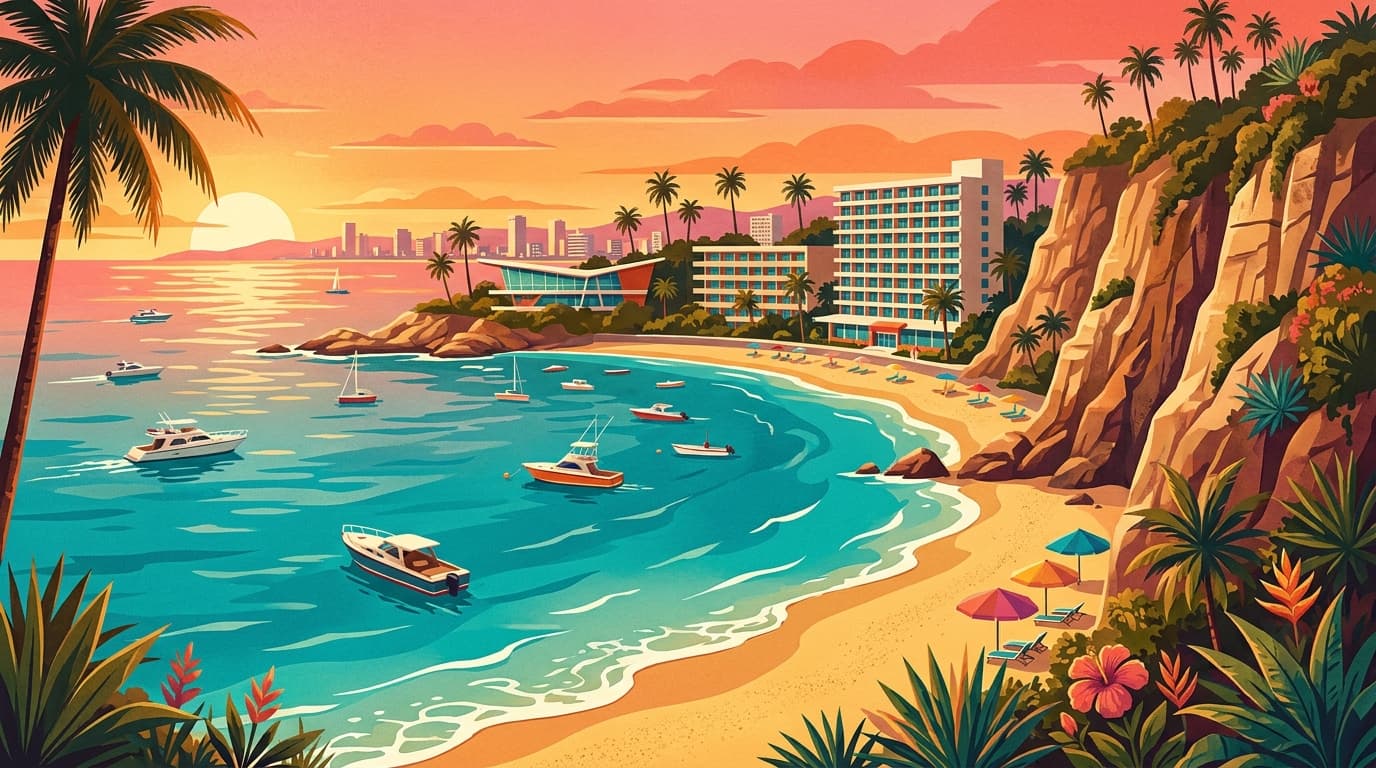 Acapulco Bay with colorful boats, sandy beaches, and cliff formations during sunset.