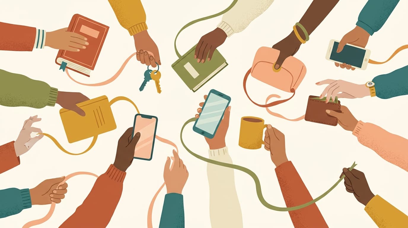 Illustrated hands holding different colored objects representing ownership and possessive pronouns