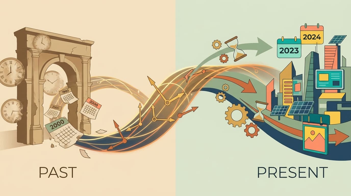 Timeline bridge connecting past and present moments with floating clock elements