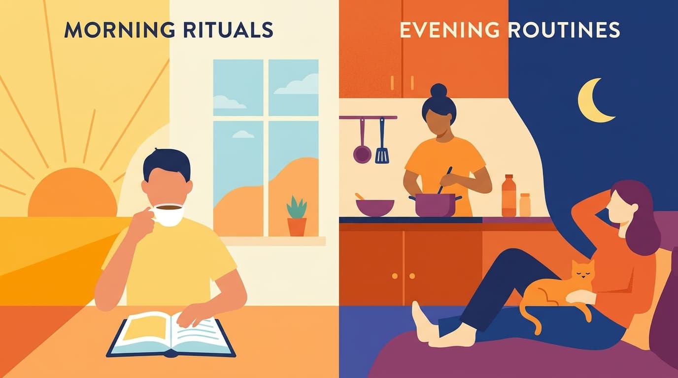 Illustration of daily routine activities showing a person at different times of day with a clock