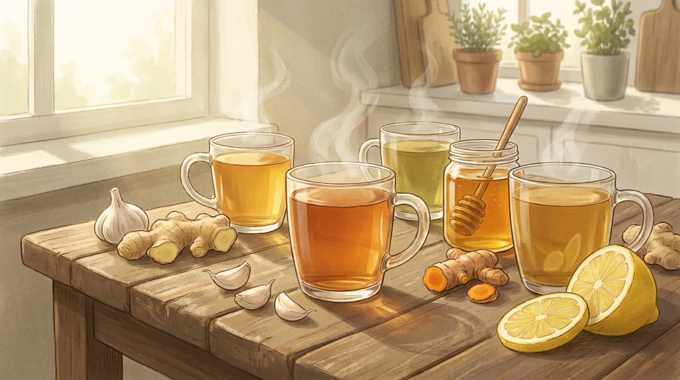 Warm herbal teas with honey, lemon, ginger, turmeric and garlic arranged on a wooden table with fresh ingredients.