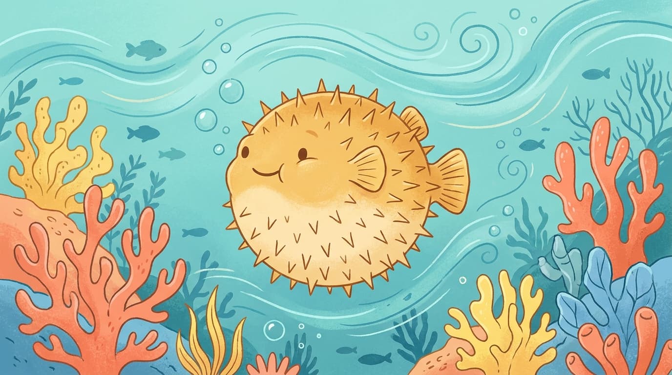 Illustrated pufferfish inflated in a defensive pose swimming among coral in a colorful ocean scene