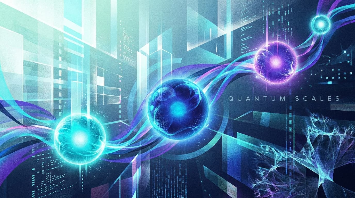Abstract illustration of quantum bits glowing and interconnected in a digital space