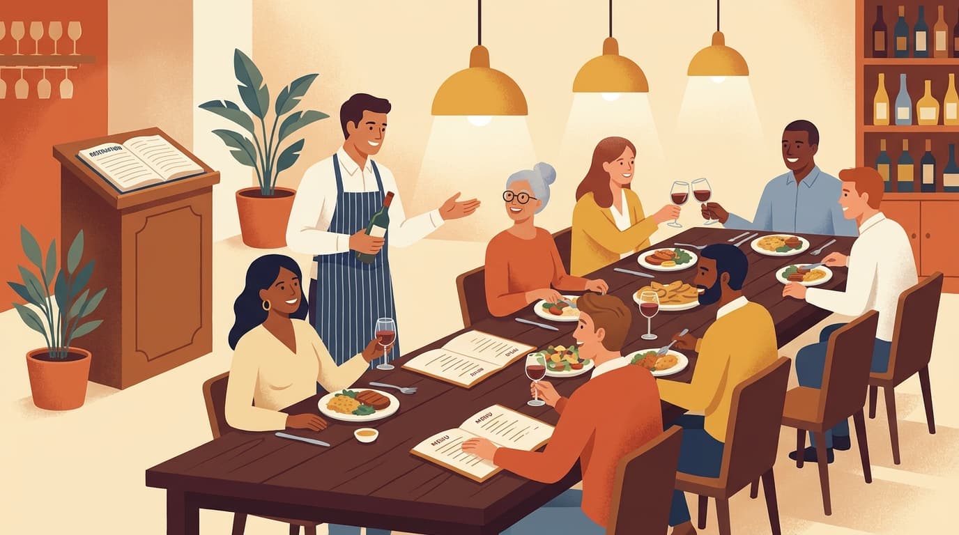 Illustrated restaurant scene showing a waiter serving diners at an elegant table setting