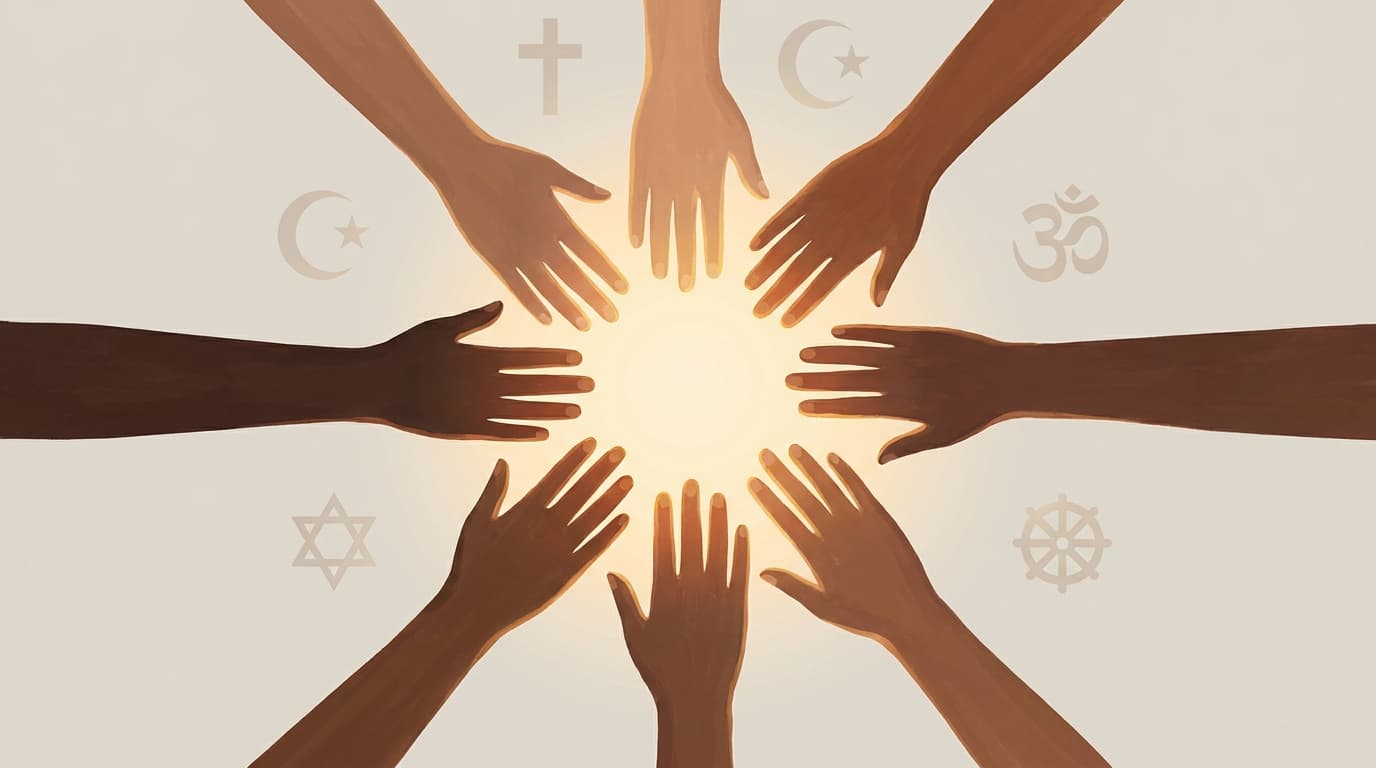 Hands of different people holding together in a circle, representing unity and shared human values across religions.