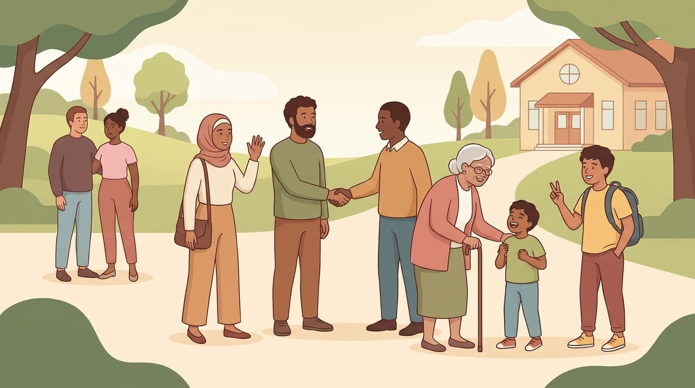 Diverse group of people greeting each other with friendly gestures like waving and handshakes