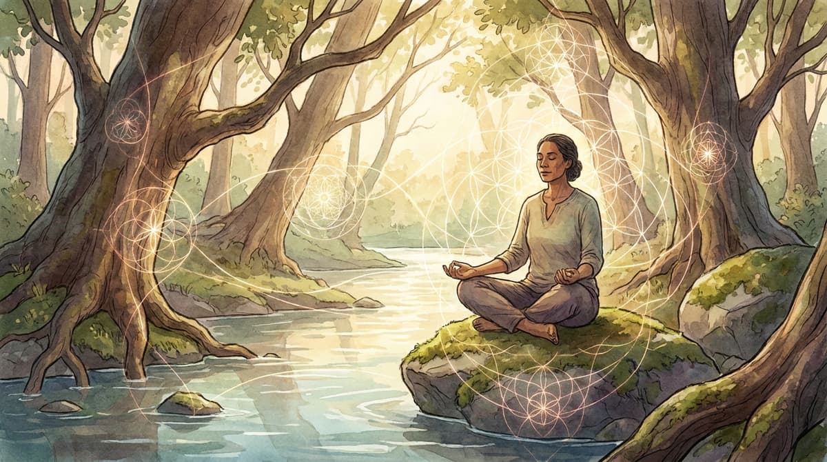 A serene figure meditating in nature, surrounded by light and interconnected energy patterns, in soft watercolor style.