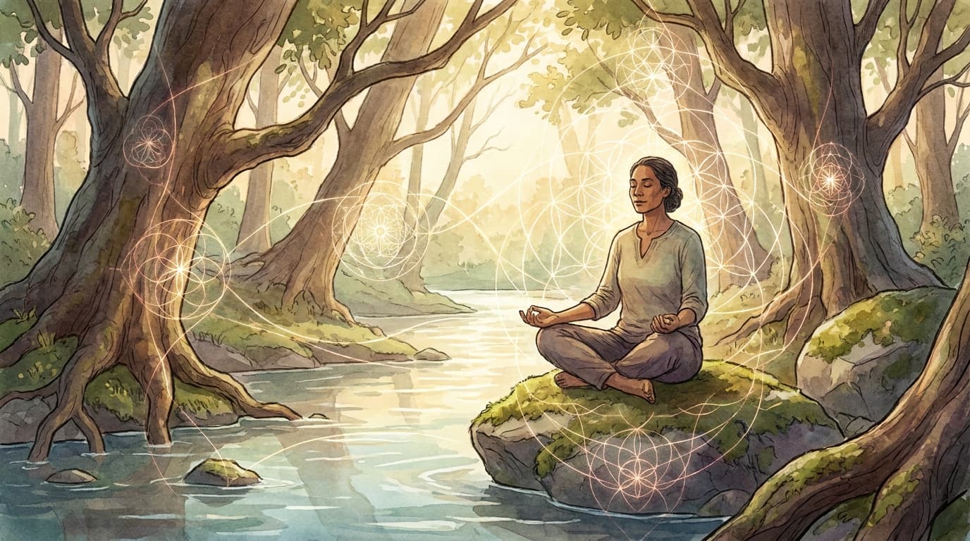A serene figure meditating in nature, surrounded by light and interconnected energy patterns, in soft watercolor style.