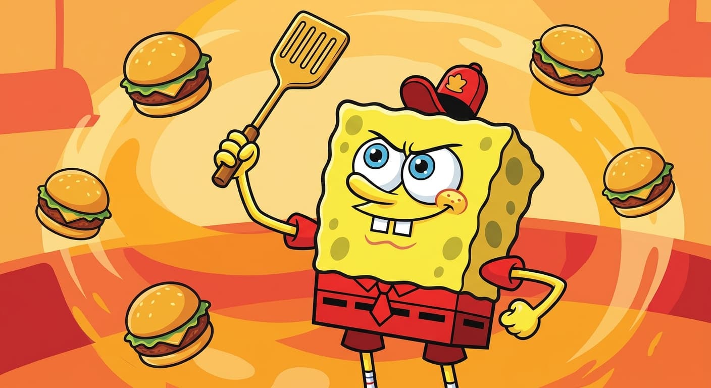 SpongeBob in his Krusty Krab uniform, flipping a spatula with a bright smile, surrounded by floating Krabby Patties in a cheerful, illustrated style.