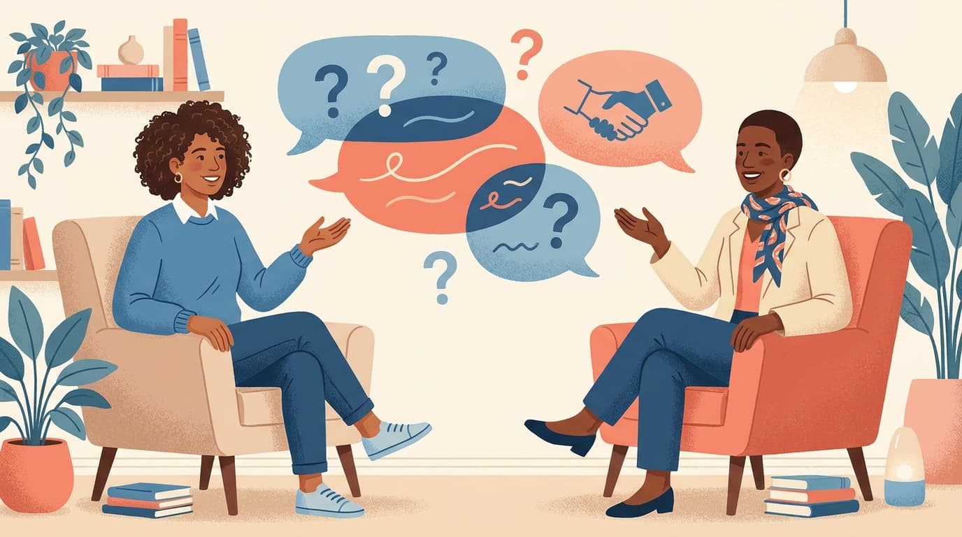 Two people having a friendly conversation with colorful speech bubbles containing question marks above them