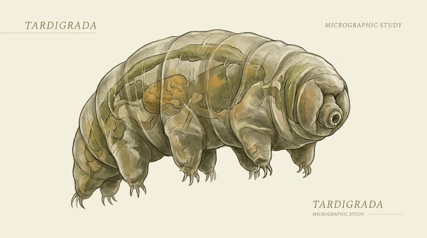 A tardigrade magnified under a microscope, showing its plump body with stubby legs and translucent cuticle.