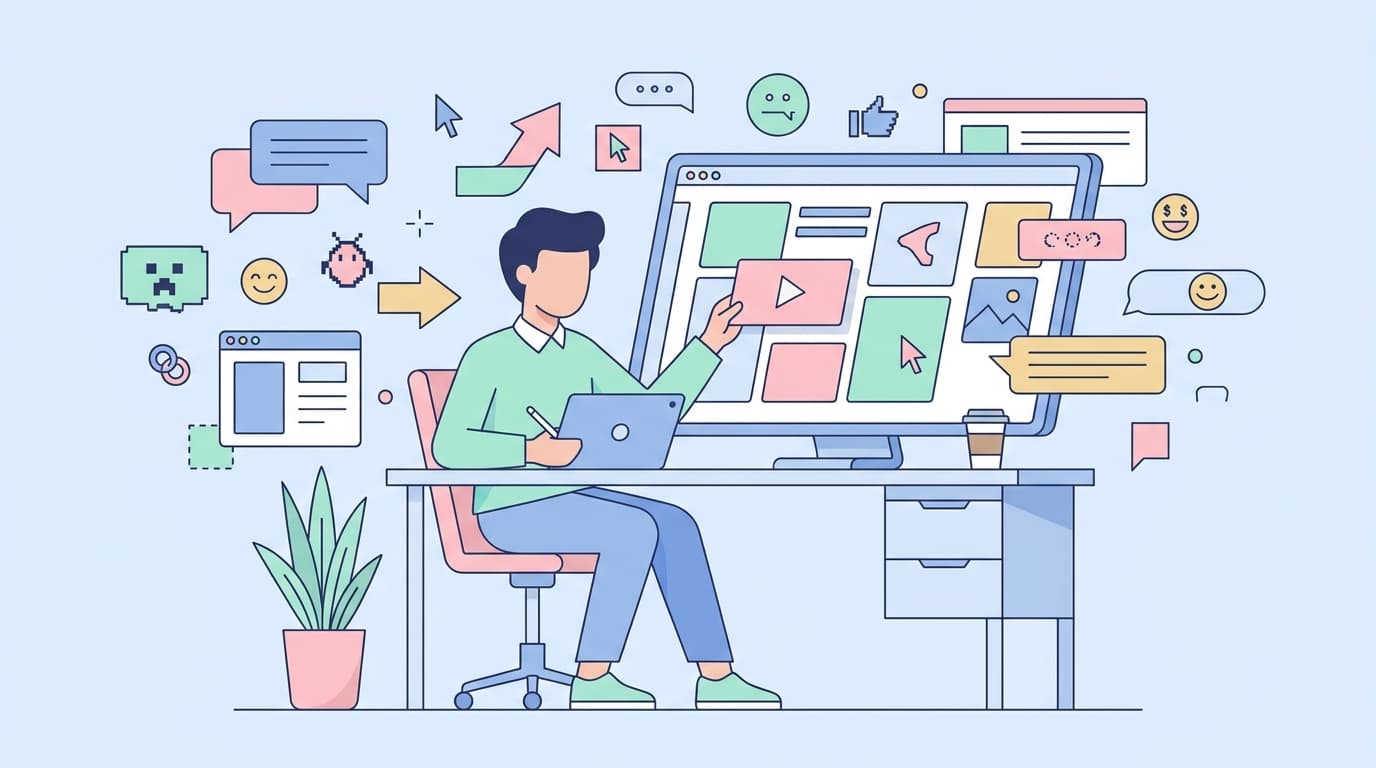 Abstract illustration showing a figure selecting and organizing colorful meme templates on a digital canvas