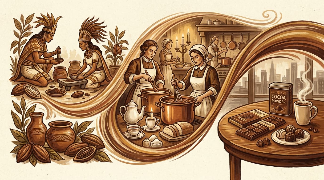 Ancient Mesoamerican cacao ceremony transforming into modern chocolate bars through flowing timeline