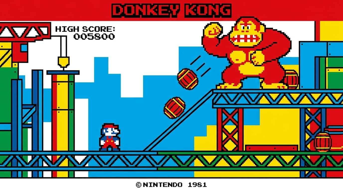 Retro arcade game screenshot showing a pixelated carpenter on platforms with a giant gorilla and falling barrels